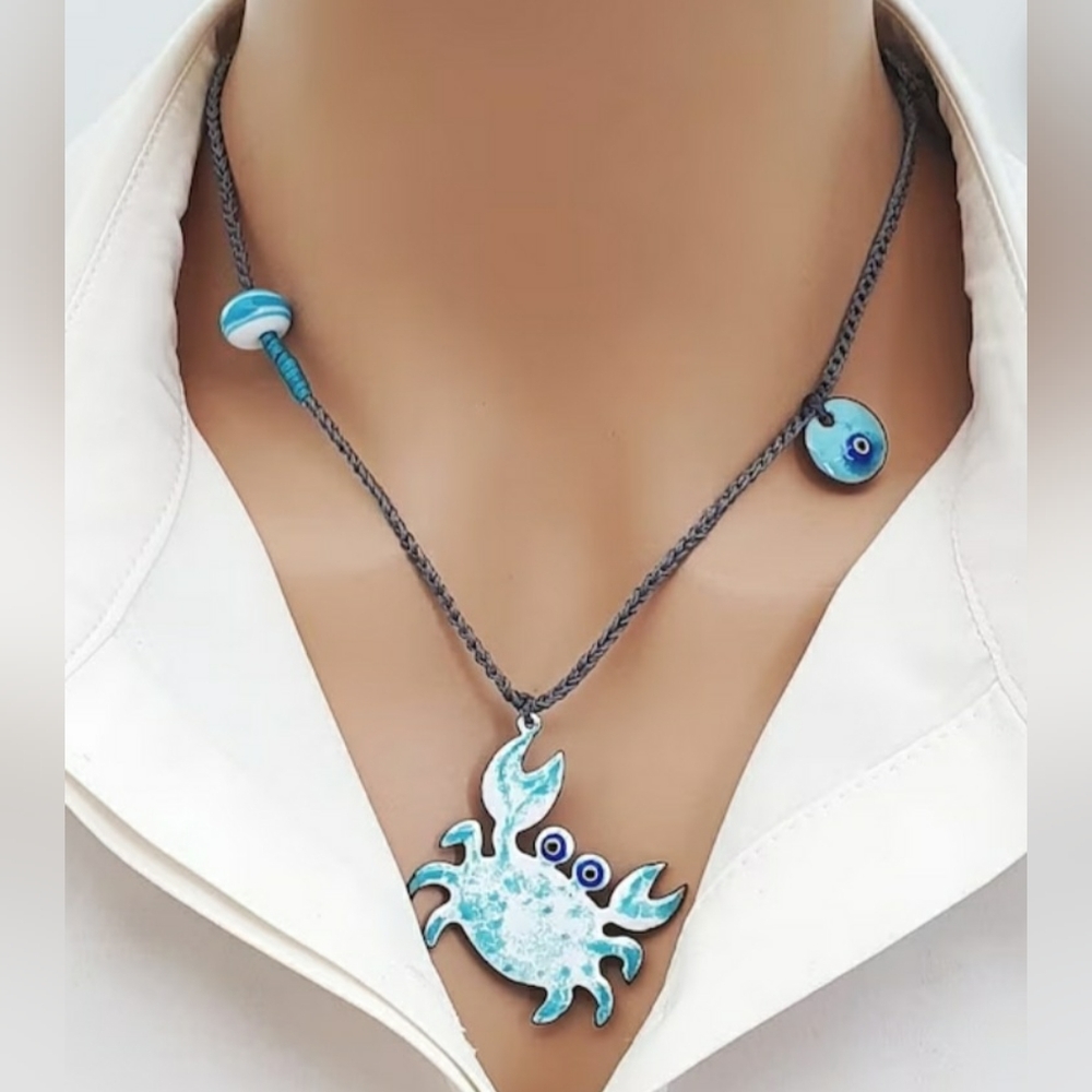 Crab Necklace, Blue Crab Necklace, Enamel Embroidered Necklace, Handmade Enamel